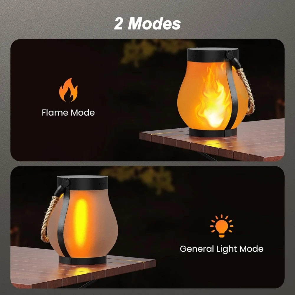 lanterne solaire rechargeable led modes nuit flamme vacillante moderne rustique corde orange jaune