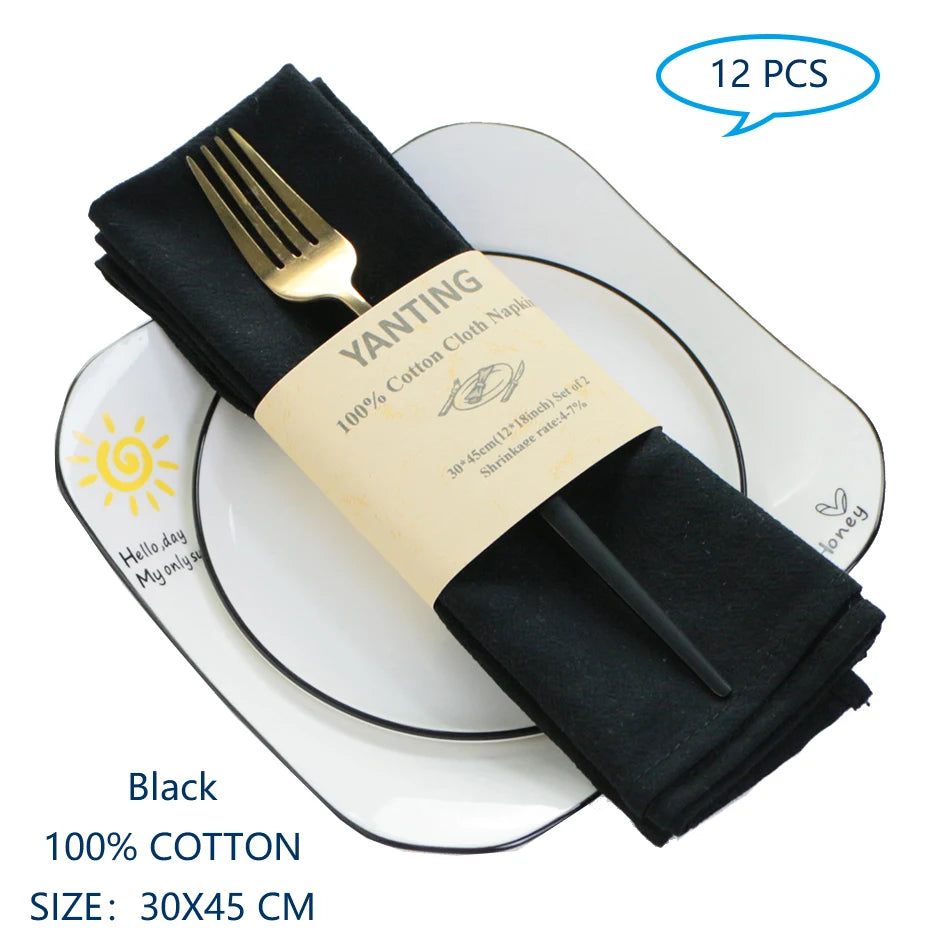 Serviettes de table en coton noir de 30 cm x 45 cm, lot de 12 pièces, idéales pour décorer une table.