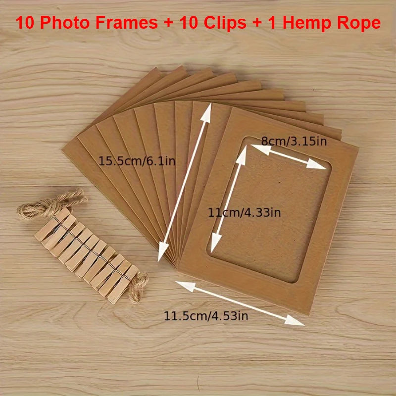 cadres photo papier kraft vintage clips bois cordelette décoration mur anniversaire mariage fêtes