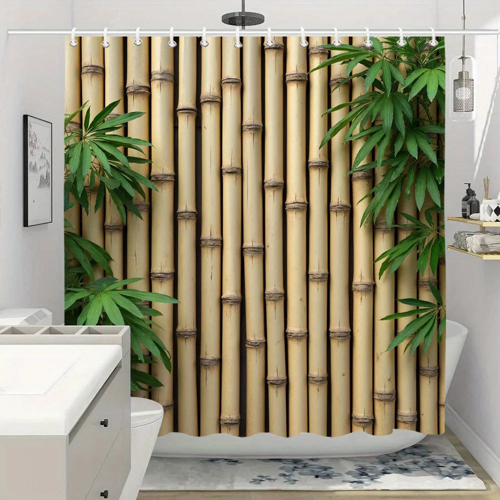 rideau douche polyester motif bambou beige vert naturel opacique tringle rideau anneaux zen salle