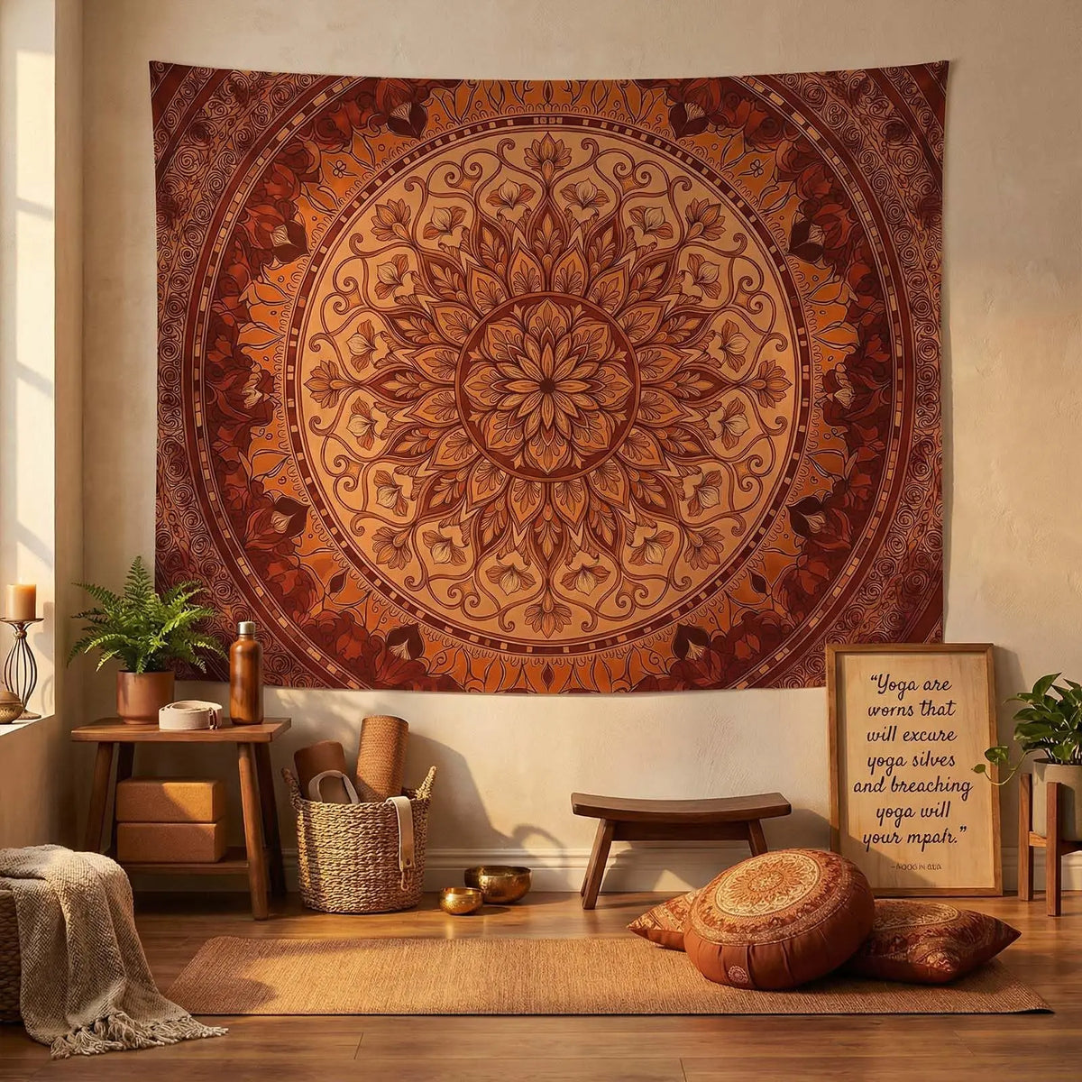 tapisserie bohème mandala motifs floraux marron orange beige douce chambre coucher