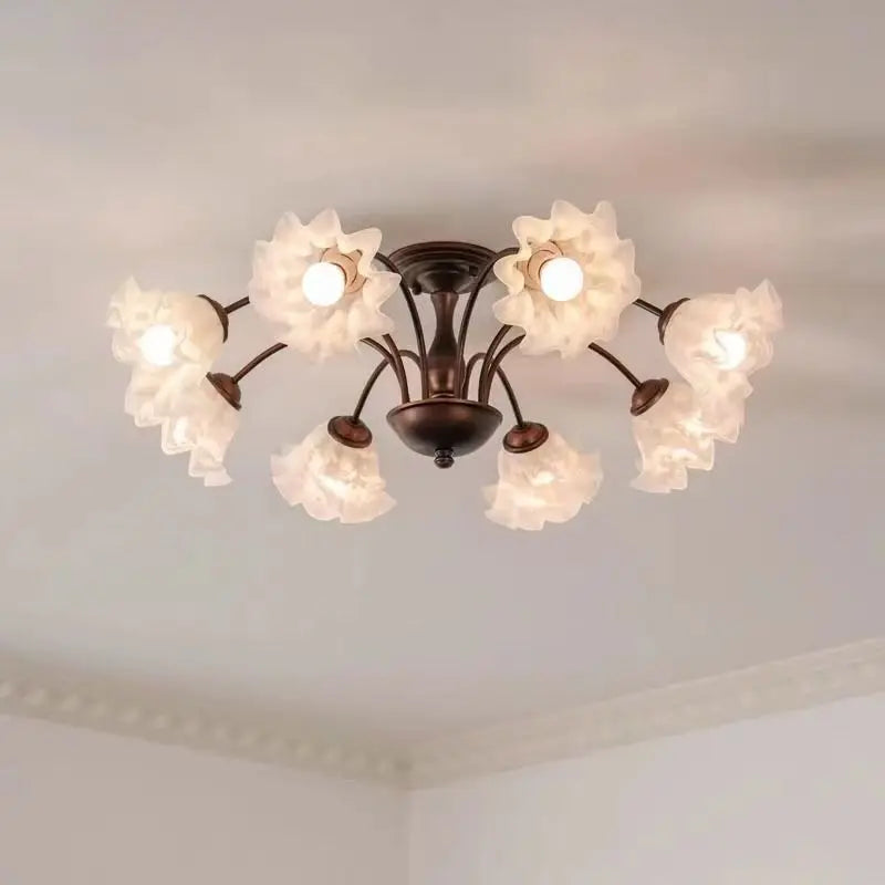 lampe suspension classique fleurs relief marron foncé blanc translucide têtes led 3000k