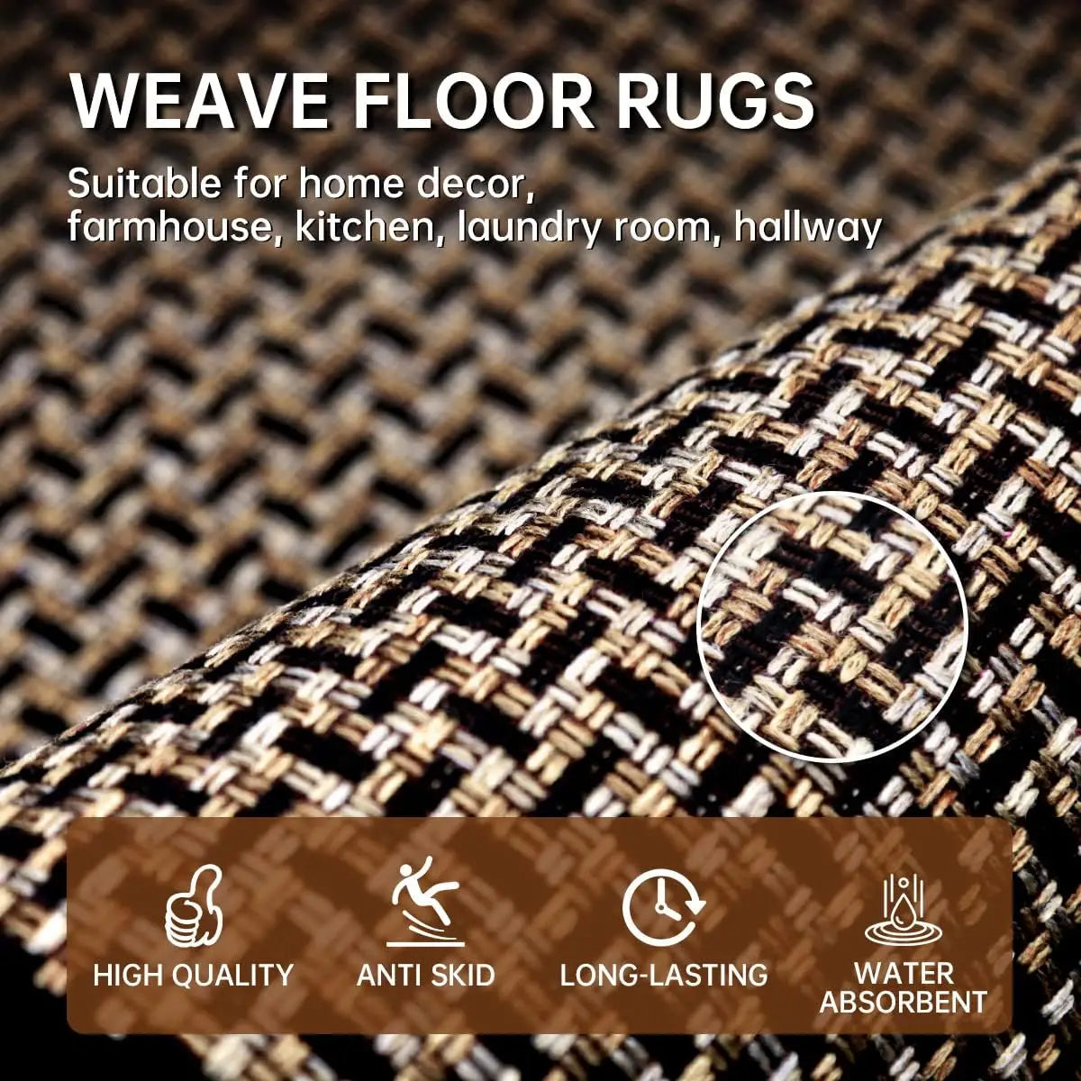 tapis solide marron clair noir tissé géométrique moderne antidérapant lavable cuisine intérieur