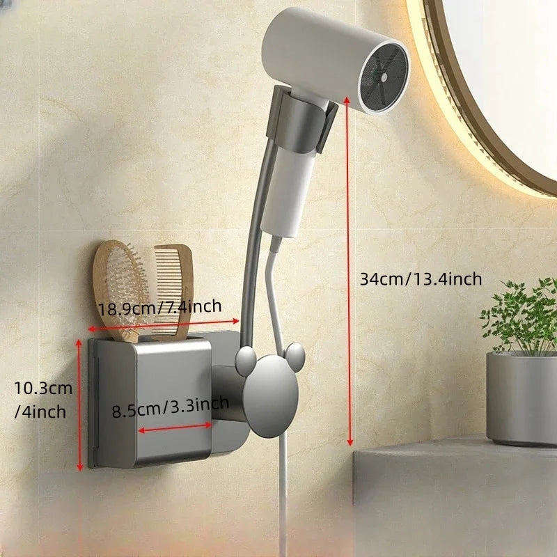 support mural moderne sèche cheveux brosse peigne rangement salle bain argenté gris blanc