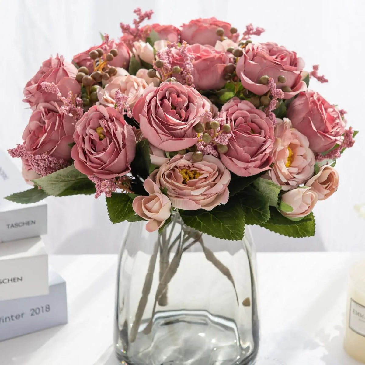 bouquet fleurs artificielles soie roses pivoines decoration mariage anniversaire intérieur blanc rouge violet orange