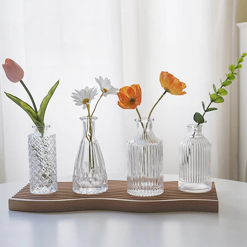 vases transparents moderne rayures verticales fleurs artificielles minimaliste verre deco table salon
