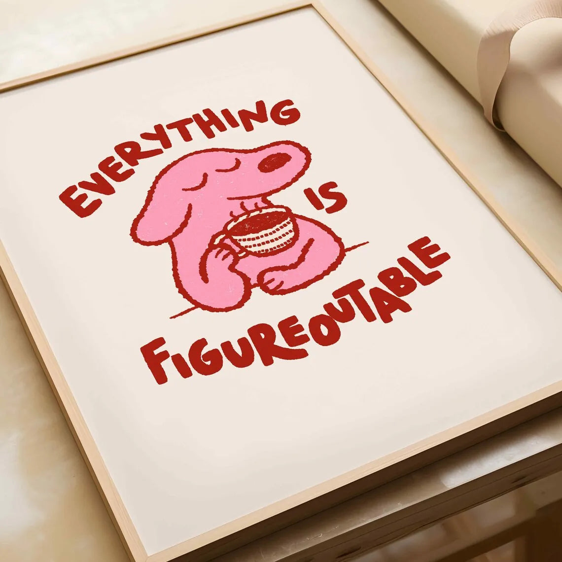 affiche chien rose EVERYTHING IS FIGUREOUTABLE illustration cartoon cadre métal chambre salon