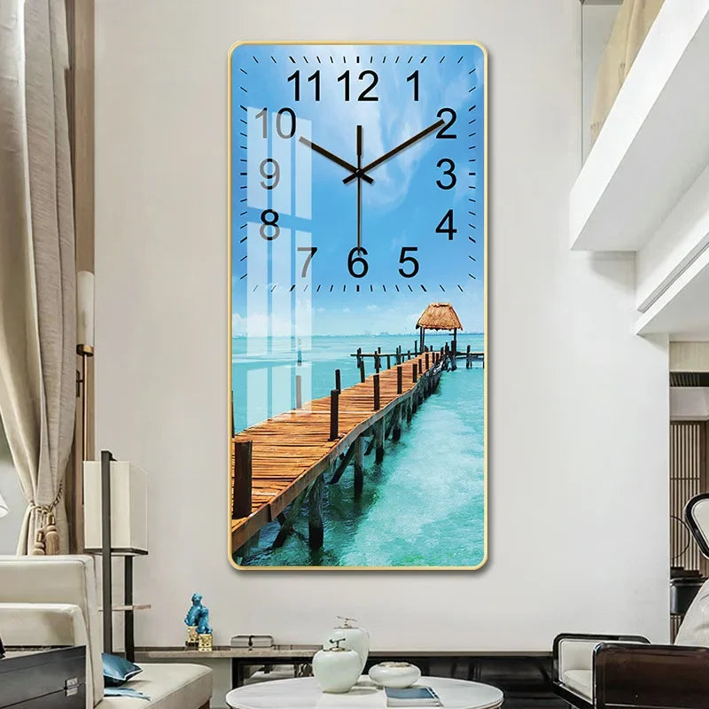 horloge murale moderne bleu forêt plage aiguilles chiffres decoratif doré montagne ponton