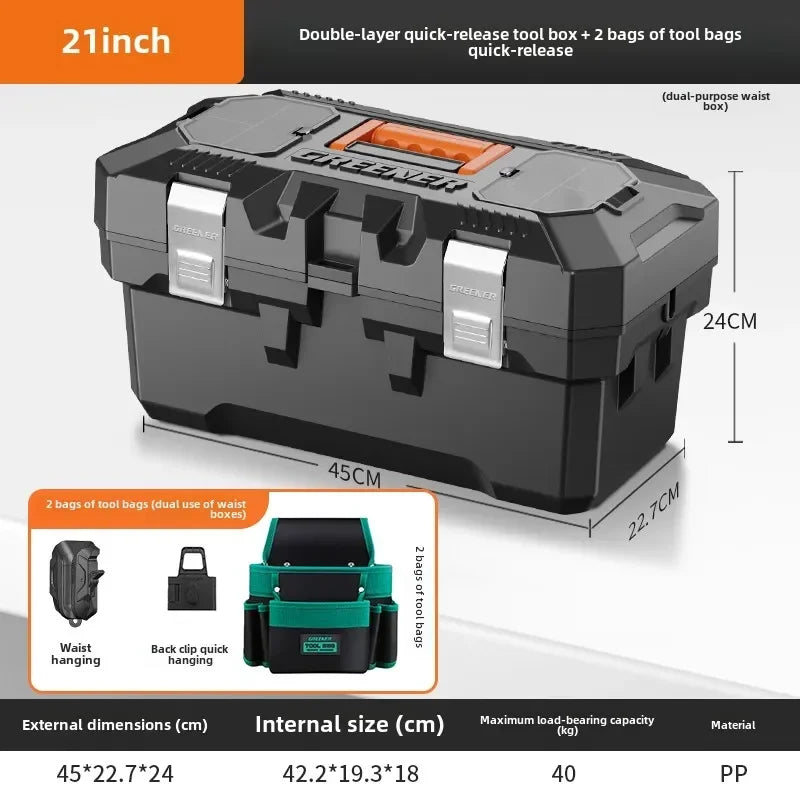 boîte outils noire orange clips multifonctionnelle perceuse batterie sac clé douille première secours lampe
