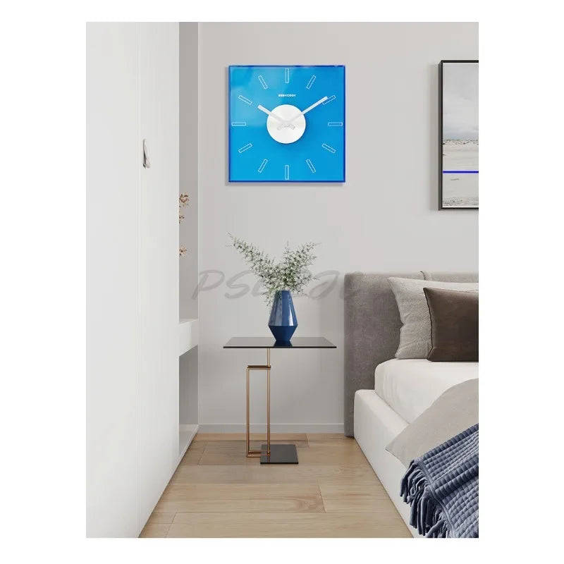 horloge murale moderne acrylique bleu orange rouge rectangles blancs minimaliste