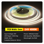 ruban led cob blanc 3mm 5mm 12v 24v lisse moderne connecteurs 5mètres rouleau