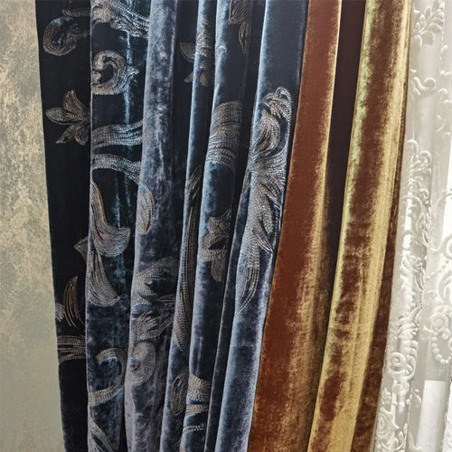 rideaux velours imprimé floral bleu marine classique anneaux métalliques