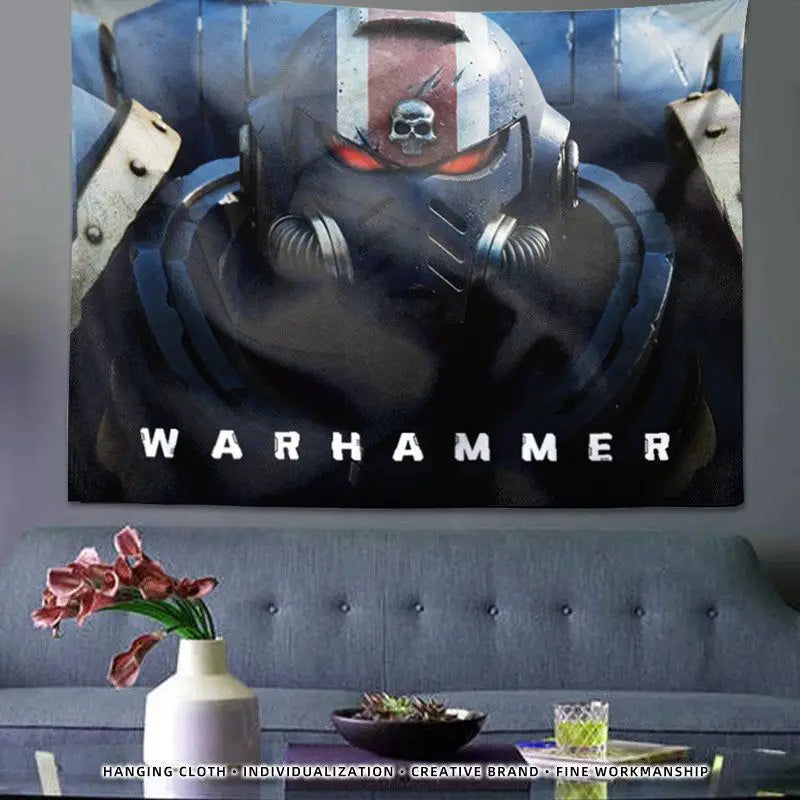 tapisserie murale warhammer 40k personnage armé bleu noir rouge moderne détaillée hand washable digital