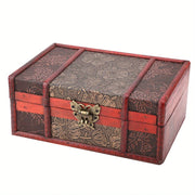 boîte rangement bois rouge motif floral vintage décorative calligraphie métalliques charnières intérieur bois
