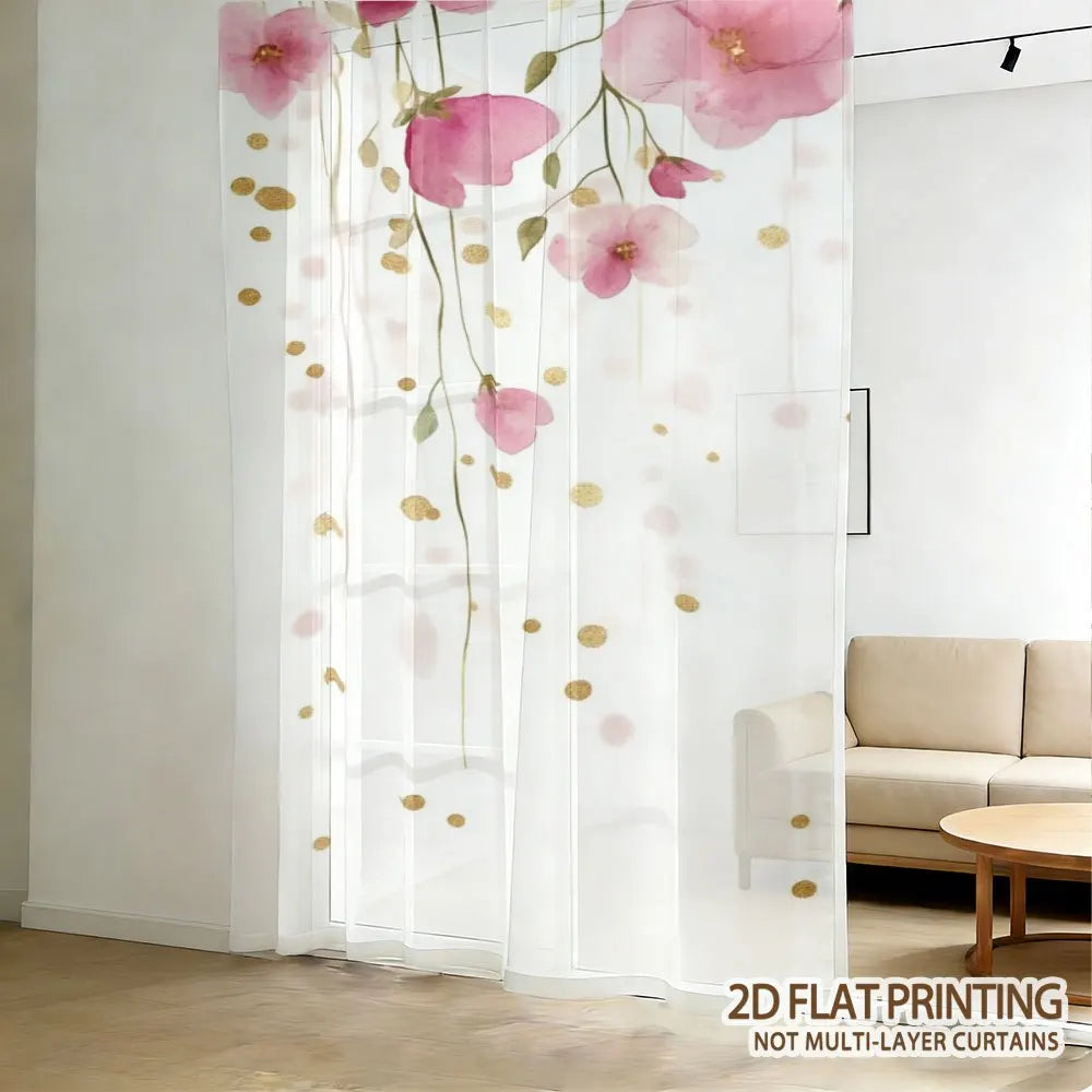 rideau transparent floral rose feuilles vertes moderne blanc doré maison