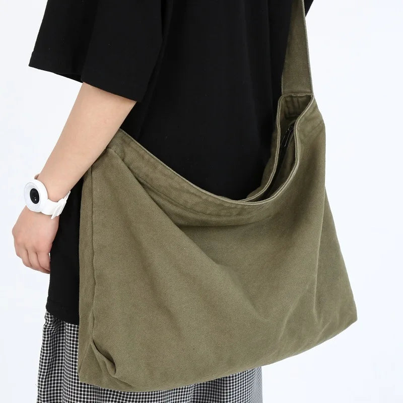 sac bandoulière vert olive toile coton minimaliste fermeture éclair polyvalent fourre tout décontracté homme