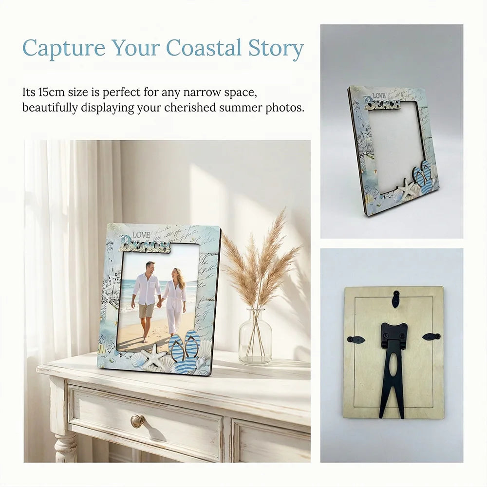 cadre photo thème plage coquillages hippocampes lettrage Love Beach clips noirs bleu clair beige