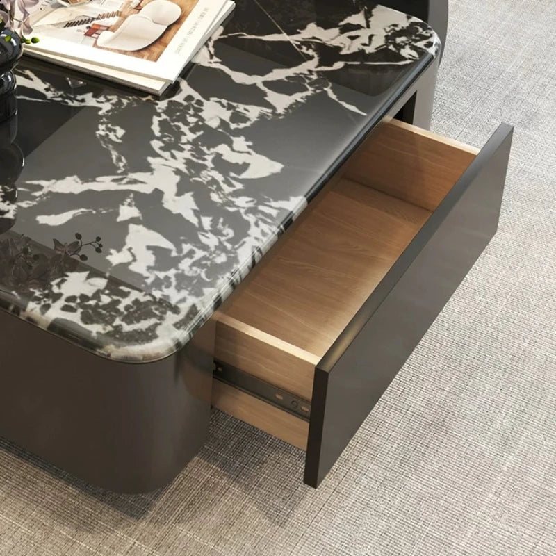 table basse carrée salon minimaliste marbre noir blanc tiroir métal solide