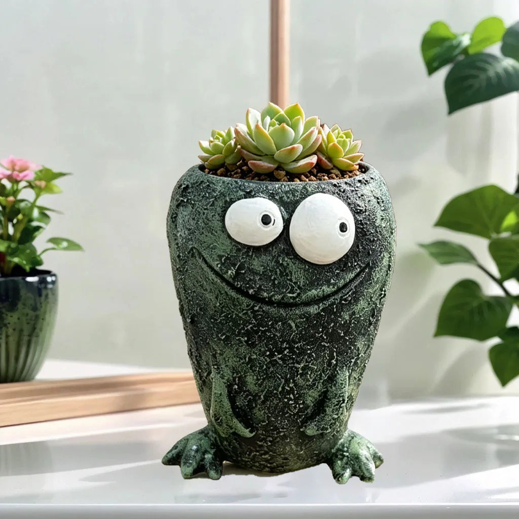 pots fleurs résine grenouille dessin animé vert jaune texture rugueuse plantes succulentes décoration jardin