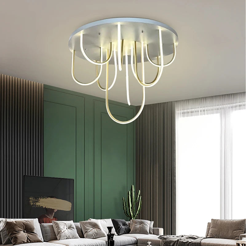 lustre moderne blanc doré courbes élancées contemporain sans plaque télécommande lumière led