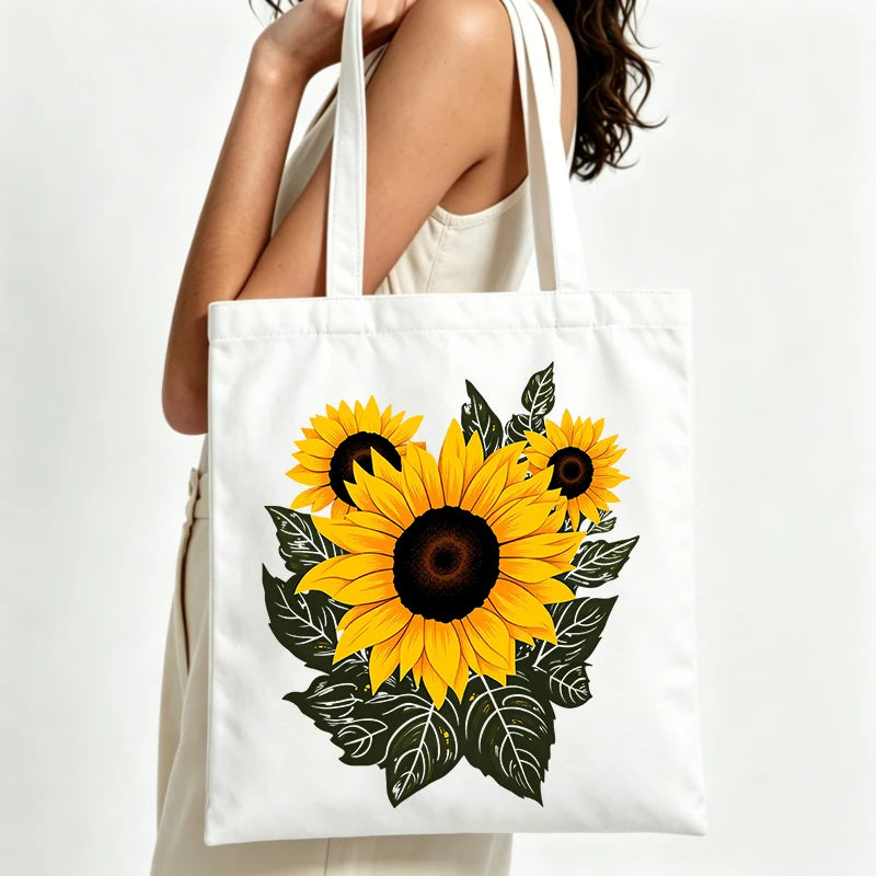 sac main toile tournesol blanc poignées cartoonesque fleurs feuilles vertes