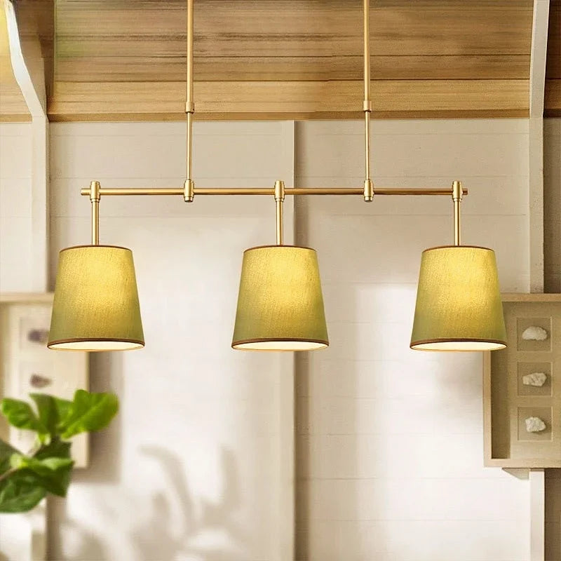 suspension lumineuse moderne lampes or beige tissu uni métal doré 82cm 70 92cm