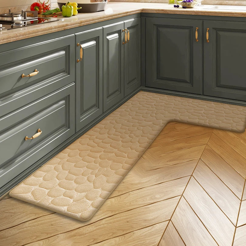 tapis sol cuisine salle bain porte gris clair cercles imprimés texture douce moderne