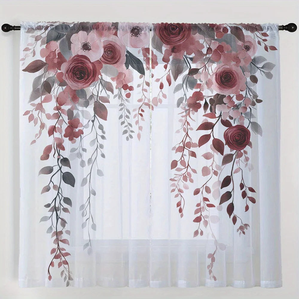 rideau moderne fleurs feuilles transparent rose blanc gris fenêtre anneaux polyester