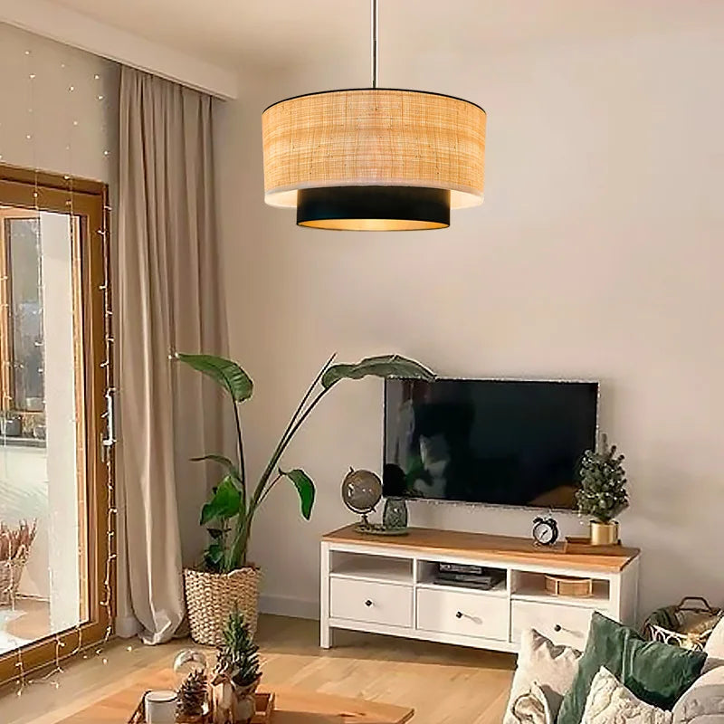 lampe suspendue tissu beige moderne chaîne noire minimaliste chambre salon