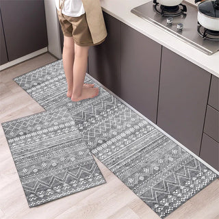 tapis cuisine moderne ethnique motifs géométriques gris rouge bleu foncé beige marron deux parties