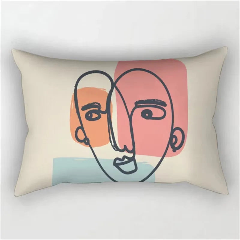 coussin rectangulaire moderne motif abstrait feuilles visages 100 polyester beige clair lit salon chambre
