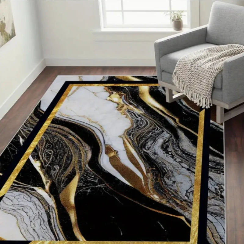 tapis moderne effet marbre noir blanc doré salon chambre intérieur extérieur décoration luxe 160x120cm