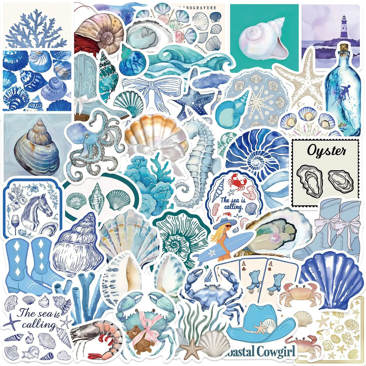 sticker thème marin coquillage corail hippocampe crabe bleu blanc gris vert adhésif illustré pack