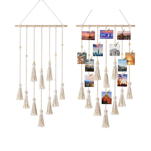 cadre mural suspendu boho blanc tissu macramé bois 25 clips