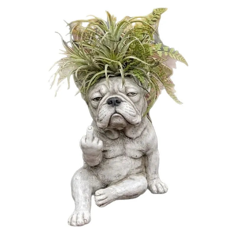 statuette chien gris clair résine détaillée plante succulente aérienne feuilles vertes