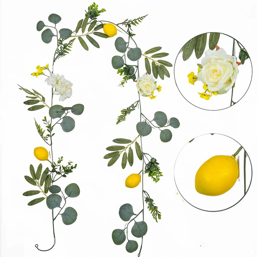 guirlande fleurs artificielles feuilles vertes citrons jaunes fleurs blanches naturel rustique decoration intérieure fête