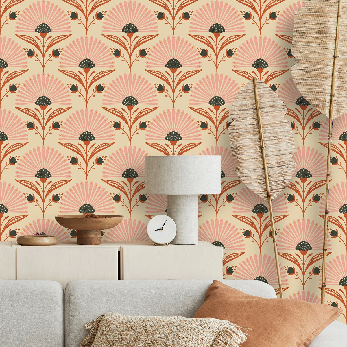 papier peint fleurs stylisées art déco beige rose noir résistant humidité autocollant chambre cuisine