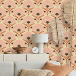 papier peint fleurs stylisées art déco beige rose noir résistant humidité autocollant chambre cuisine