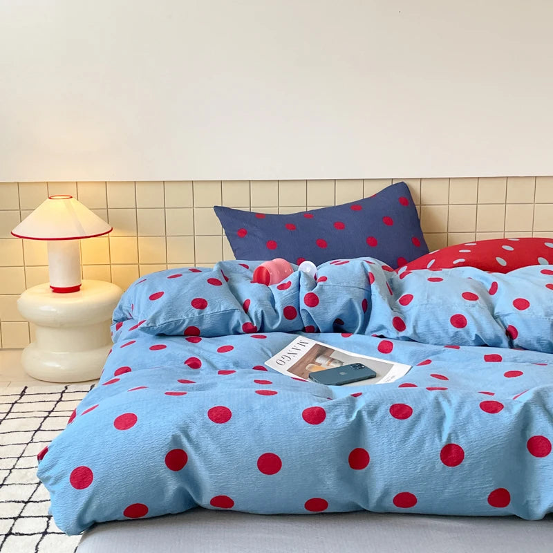 ensemble literie bleu rouge points moderne décontracté couvre lit taies oreiller coussin 150x200cm 180x220cm