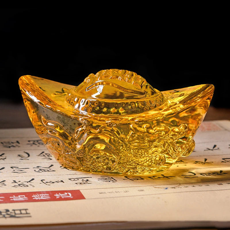 lingot doré gravure dragons décoration intérieure feng shui richesse artisanat chinois opaques traditionnels