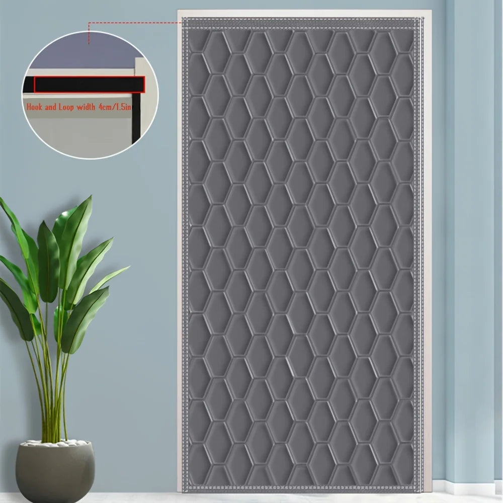 rideau porte marron gris hexagones moderne insonorisation isolation thermique fermeture magnétique crochets