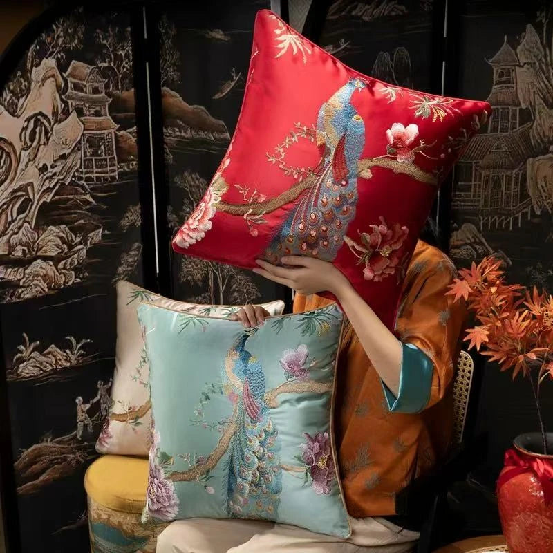 taie d'oreiller brodée oiseau pavillon fleurs 45x45cm polyester bleu clair rouge beige decorative sofa