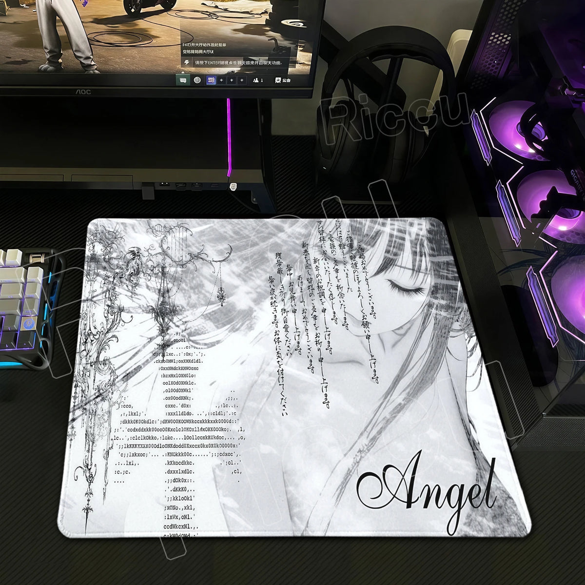 tapis souris graphique motif floral japonais noir blanc rose pâle antidérapant caoutchouc textile encrypté