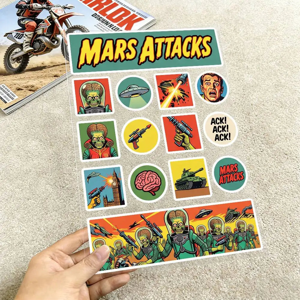 stickers adhésifs rétro mars attacks extraterrestres soucoupes volantes buildings armes 20x30cm 30x40cm