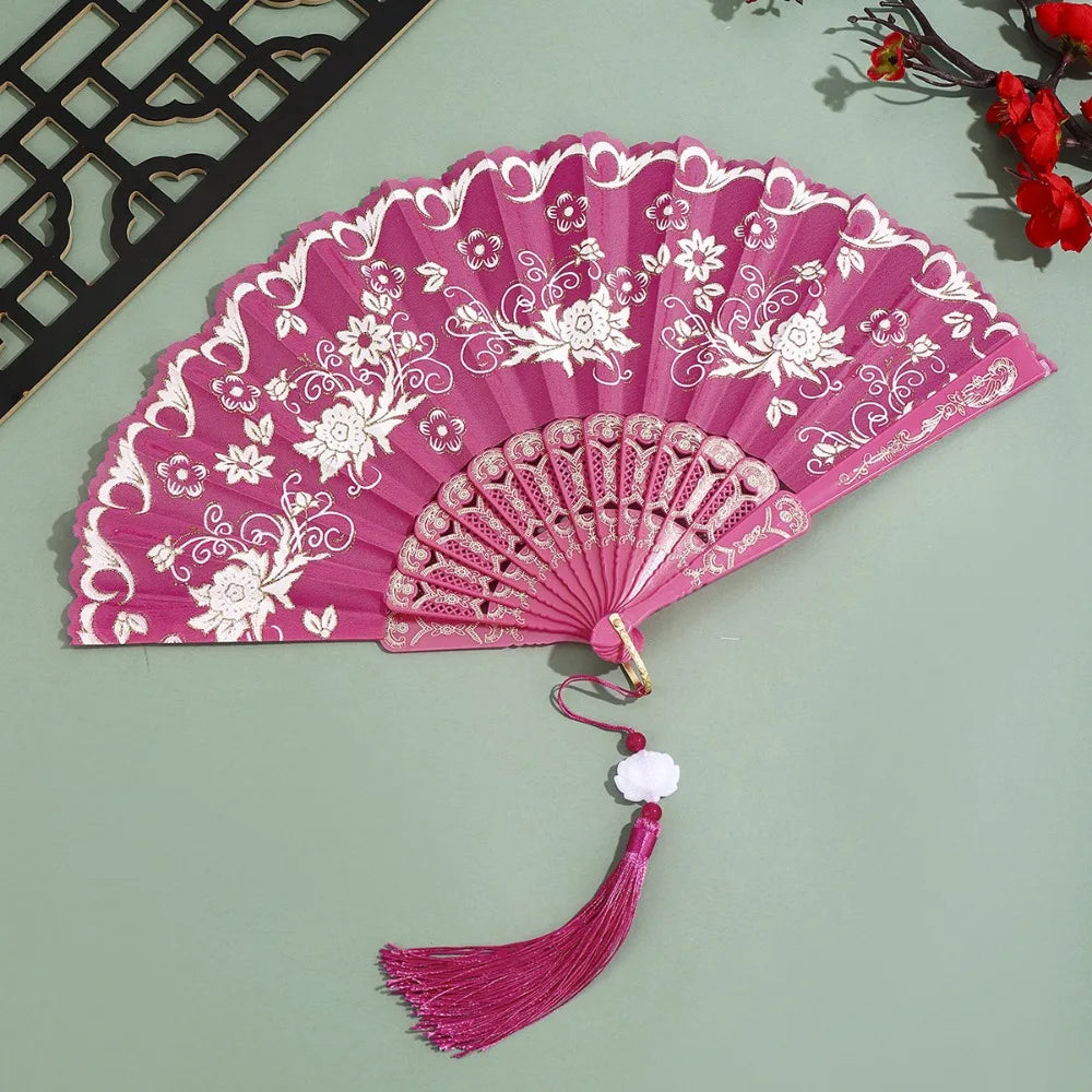 éventail traditionnel rouge noir fleurs blanches clips pompon danse mariage pliant décoratif