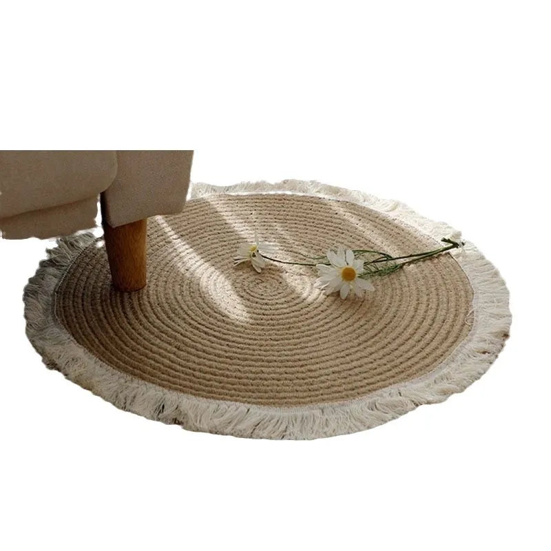 tapis boho rayures concentriques franges beige clair résistant rides anti bactéries utilisation salon chambre