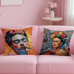 coussin contemporain zip invisible polyvalent orange bleu rouge peinture abstraite visage stylisé 45x45cm polyester