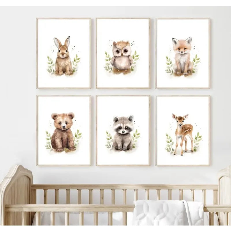 affiche aquarelle animaux forêt bébé ours lapin raton laveur décoration chambre enfant murale