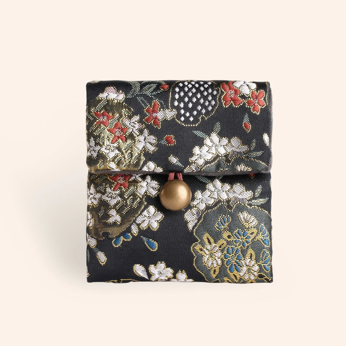 porte bijoux réutilisable tissu polyester fleurs motif floral bouton doré violet noir rouge vert