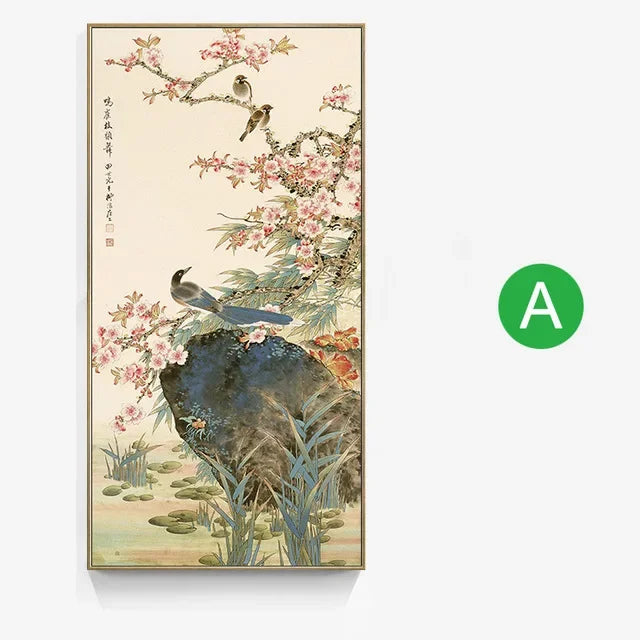 tableau peinture toile oiseaux fleurs prunier chinois décoration murale art traditionnel cadre